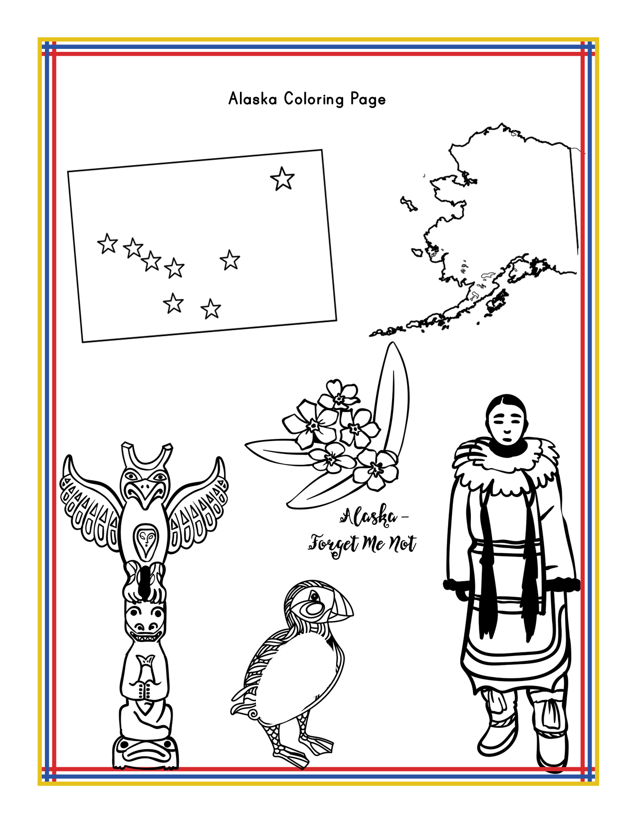 Experience the Alaska Activity Kit by Wondermom Shop, showcasing an Alaska-themed coloring page with the state flag, an outline of Alaska, a totem pole, a puffin, a woman in traditional clothing, and forget-me-not flowers. The text reads "Alaska - Forget Me Not." It's perfect for learning about Alaska's history or enjoying various fun activities related to the state.