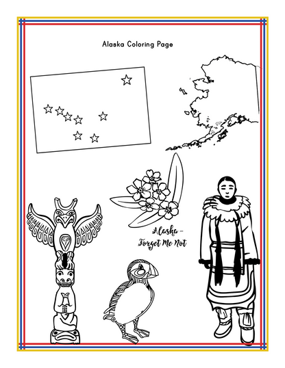 Experience the Alaska Activity Kit by Wondermom Shop, showcasing an Alaska-themed coloring page with the state flag, an outline of Alaska, a totem pole, a puffin, a woman in traditional clothing, and forget-me-not flowers. The text reads "Alaska - Forget Me Not." It's perfect for learning about Alaska's history or enjoying various fun activities related to the state.