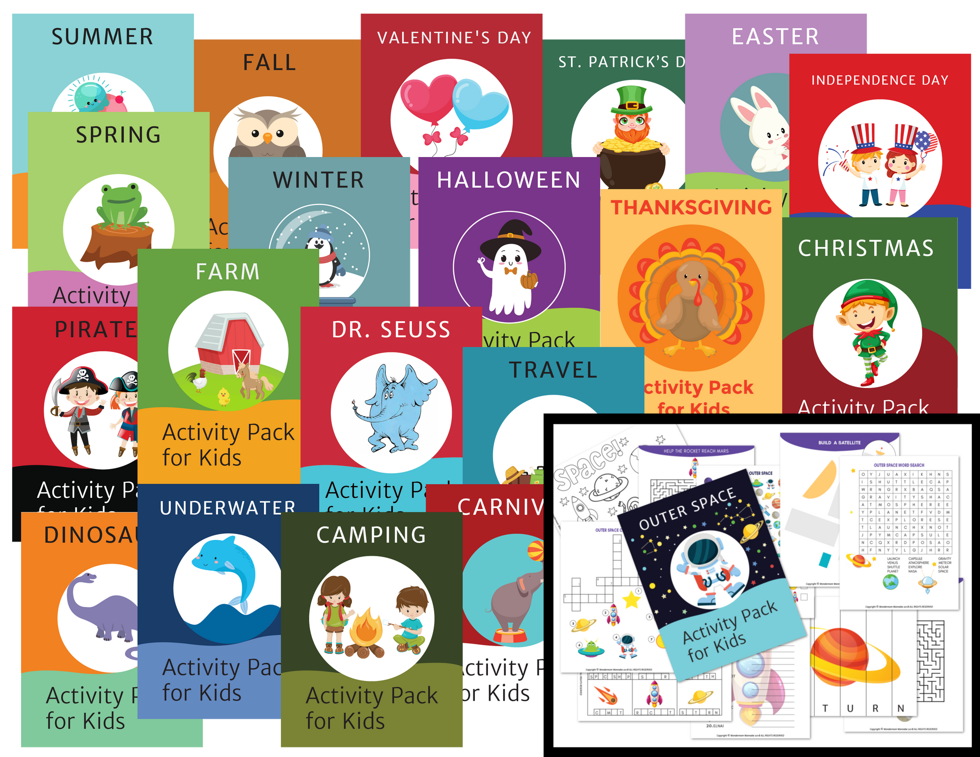 The Printable Kids Activity Books Bundle from Wondermom Shop offers a vibrant collection of themed activity books for kids, featuring holidays, seasons, farm life, and outer space. An inset showcases sample pages from the "Outer Space" themed fun pack.
