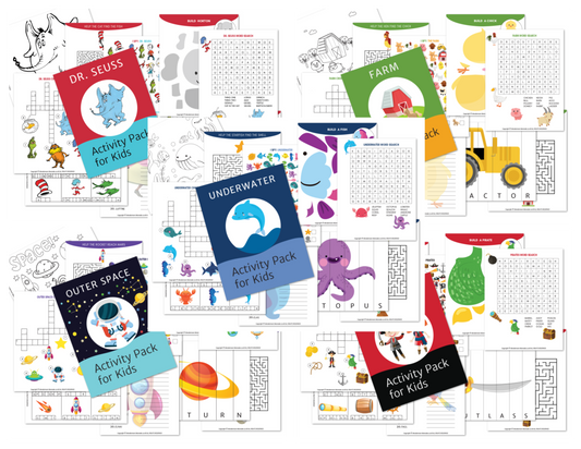 A collage of Wondermom Shop's Printable Kids Activity Books Mini Bundle featuring themes such as Dr. Seuss, farm, underwater, space, and more. Activities include fun puzzles and brain teasers, mazes, and creative coloring pages—all available in these delightful printable kids activity books.