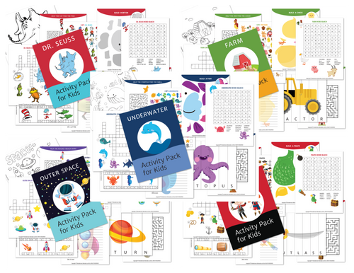 A collage of Wondermom Shop's Printable Kids Activity Books Mini Bundle featuring themes such as Dr. Seuss, farm, underwater, space, and more. Activities include fun puzzles and brain teasers, mazes, and creative coloring pages—all available in these delightful printable kids activity books.