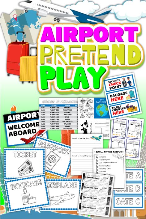 The Airport Pretend Play set from Wondermom Shop is a vibrant digital product that includes a colorful poster showcasing images of a plane, luggage, and passport, as well as several printable activity sheets like tickets, boarding passes, and checklists to engage children in imaginative air transportation play.