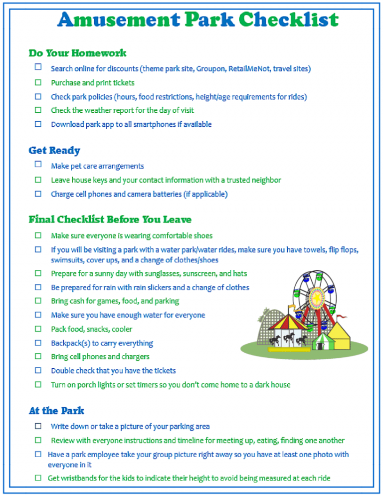 A VIP Vault amusement park checklist with a ferris wheel.