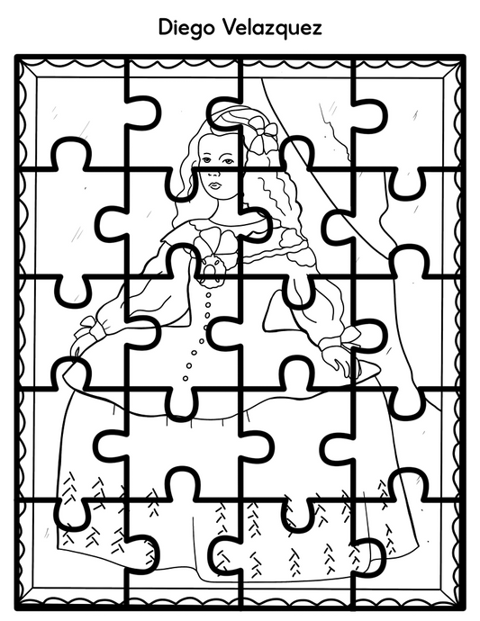 A partially assembled jigsaw puzzle depicts a drawing of a woman in an elaborate dress. Above the puzzle, the name "Diego Velazquez" is written, indicating its origin as one of Wondermom Shop's Printable Famous Artwork Puzzles (Black and White) celebrating renowned artists.