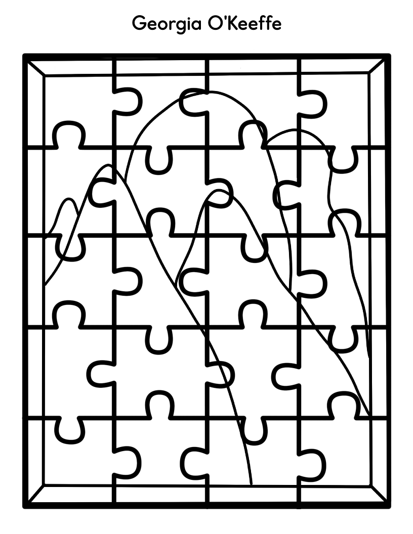 Introducing the Printable Famous Artwork Puzzles (Black and White) from Wondermom Shop, featuring a minimalistic line drawing of mountainous forms with "Georgia O'Keeffe" elegantly inscribed above it—an ideal choice for children to color in and for art enthusiasts who appreciate works by renowned artists.