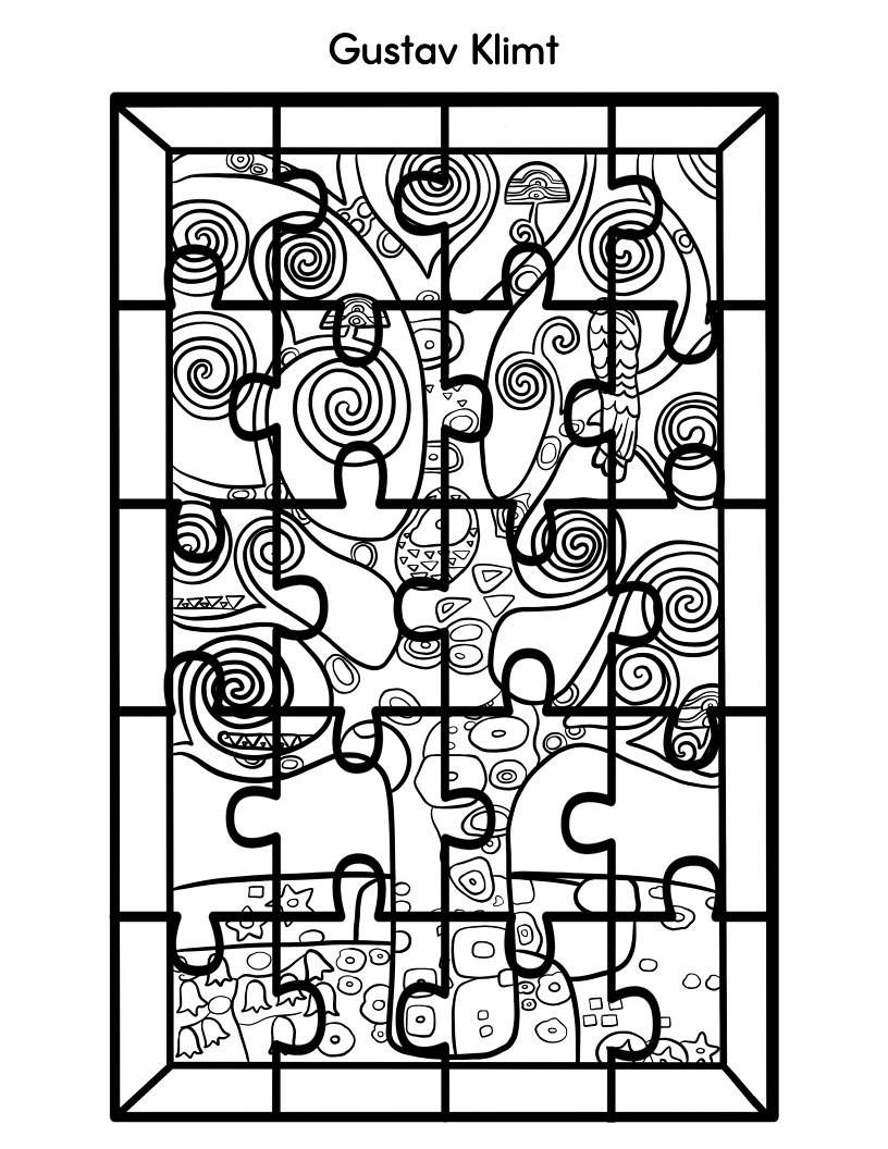 The **Printable Famous Artwork Puzzles (Black and White)** by **Wondermom Shop** feature a black and white puzzle depicting a stylized tree with intricate swirls, inspired by a Gustav Klimt artwork. Perfect for child color activities, this puzzle allows young artists to engage with renowned artworks in an interactive format.
