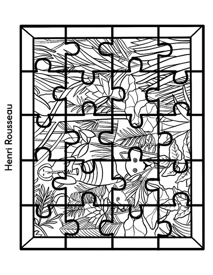 The Printable Famous Artwork Puzzles (Black and White) by Wondermom Shop features a jungle scene with a woman and a large cat among dense foliage, signed by renowned artist "Henri Rousseau" on the side. The black-and-white line art offers a perfect opportunity for child color activities.