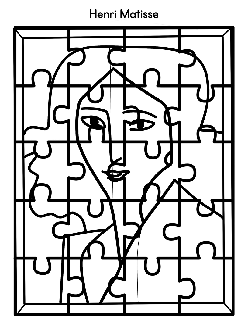 A line drawing of a woman's face is depicted as a jigsaw puzzle with pieces outlined, perfect for fans of Printable Famous Artwork Puzzles (Black and White) by Wondermom Shop. The name "Henri Matisse," one of the renowned artists, is written at the top.