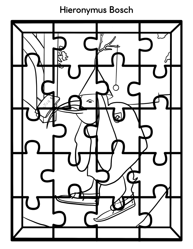 A partially completed jigsaw puzzle image under the label "Hieronymus Bosch," featuring an abstract and surreal scene in black outlines, perfect for those who enjoy Wondermom Shop's Printable Famous Artwork Puzzles (Black and White).
