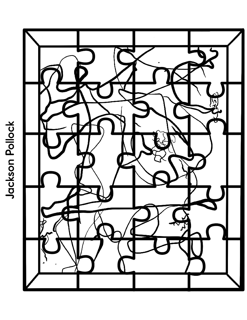 A Printable Famous Artwork Puzzle from Wondermom Shop, featuring an abstract splattered paint design reminiscent of Jackson Pollock, showcases irregular, intertwining lines and shapes in a rectangular frame. This black and white puzzle enables children to engage with the works of renowned artists through dynamic patterns.