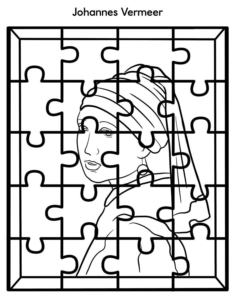 Line drawing of a jigsaw puzzle depicting Johannes Vermeer's painting "Girl with a Pearl Earring," part of the Printable Famous Artwork Puzzles (Black and White) collection by Wondermom Shop, perfect for child color activities.