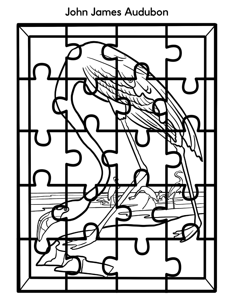 A line drawing of a flamingo segmented into jigsaw puzzle pieces, perfect for child color activities, with "John James Audubon" written at the top. Part of Wondermom Shop's Printable Famous Artwork Puzzles (Black and White) collection featuring renowned artists.