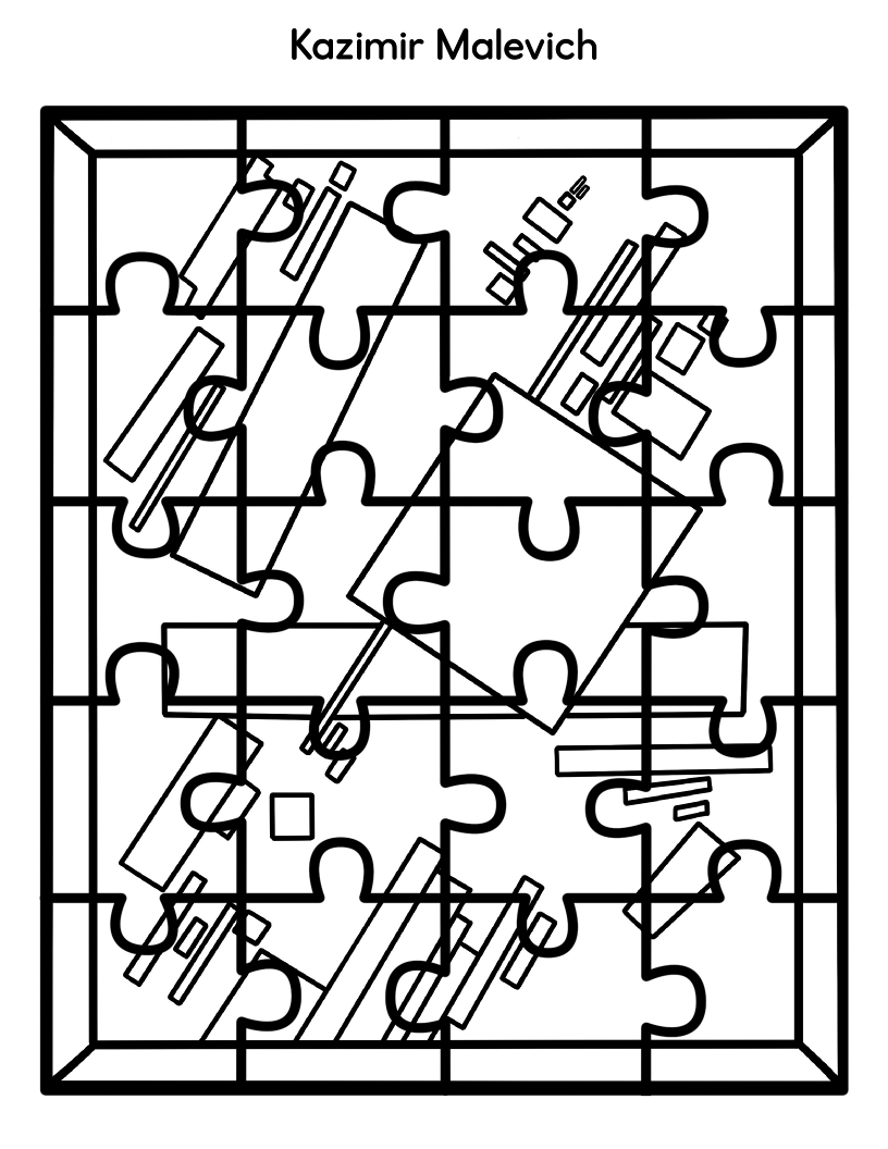 Abstract geometric black and white jigsaw puzzle design featuring the text "Kazimir Malevich" above it. This Printable Famous Artwork Puzzle from Wondermom Shop lets enthusiasts enjoy the masterpieces of renowned artists in an interactive format.
