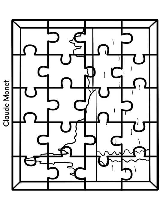 Introducing the Printable Famous Artwork Puzzles (Black and White) from Wondermom Shop—a black and white jigsaw puzzle template featuring the name "Claude Monet" on the left side. Some pieces display lines and markings, suggesting an incomplete picture. Perfect for children to color, this puzzle provides a great way to introduce young minds to renowned artists' works.