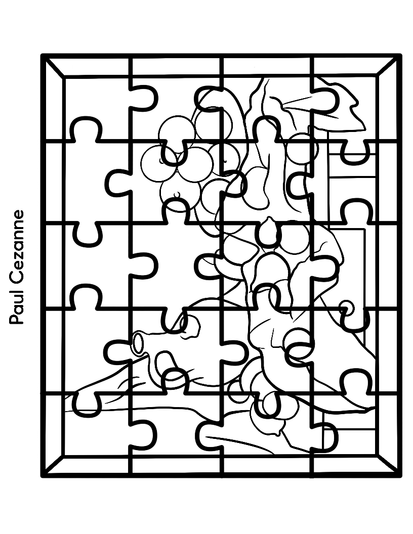 Line drawing of a puzzle featuring a vase of flowers, signed "Paul Cezanne." This Printable Famous Artwork Puzzle (Black and White) from Wondermom Shop captures the essence of renowned artists and allows your child to color an iconic masterpiece.