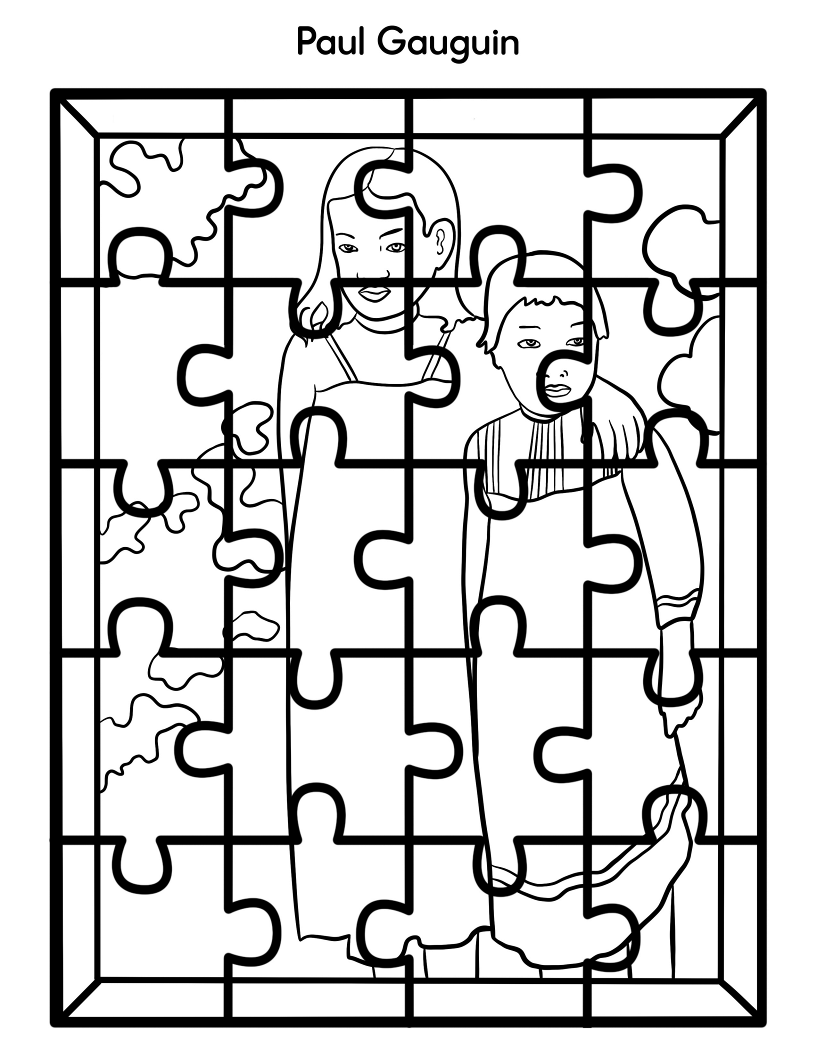 Illustration of a jigsaw puzzle from the Wondermom Shop's Printable Famous Artwork Puzzles (Black and White) collection, showcasing a black and white drawing by renowned artist Paul Gauguin. The piece depicts two figures, one taller than the other, standing side by side. This printable puzzle is perfect for children's coloring activities.