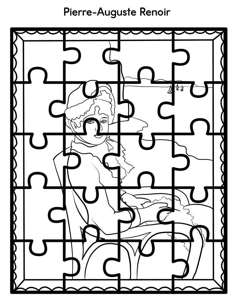 Introducing the Printable Famous Artwork Puzzles (Black and White) from Wondermom Shop, featuring a black and white outline of a Pierre-Auguste Renoir painting depicted as a jigsaw puzzle with missing pieces. Ideal for child color activities or as printable puzzles to honor renowned artists.