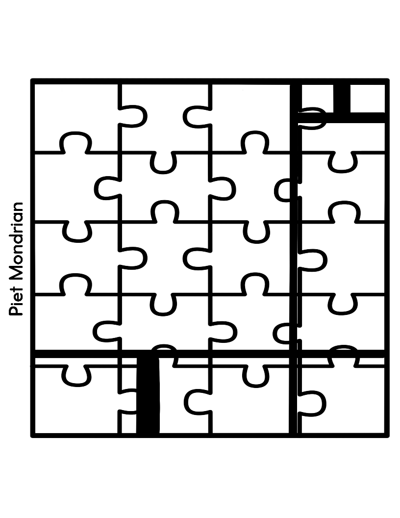 An abstract black and white jigsaw puzzle from Wondermom Shop's Printable Famous Artwork Puzzles (Black and White) collection features an uneven grid pattern, thick black lines, and several solid black segments. Text on the left reads "Piet Mondrian". This printable puzzle allows children to color a piece inspired by one of the most renowned artists.