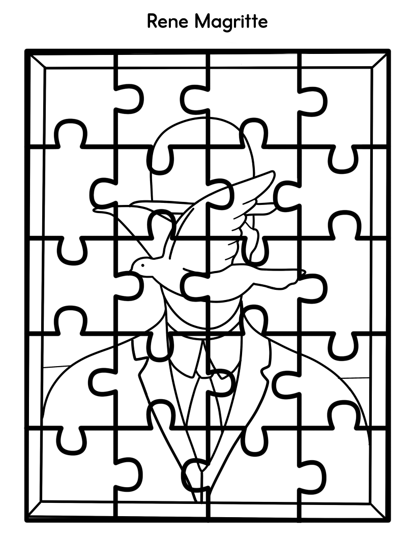 Black and white illustration of a puzzle featuring a man in a suit and bowler hat with a bird flying in front of his face, inspired by renowned artist René Magritte. Perfect for those who enjoy Wondermom Shop's Printable Famous Artwork Puzzles (Black and White).