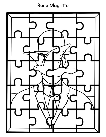 Black and white illustration of a puzzle featuring a man in a suit and bowler hat with a bird flying in front of his face, inspired by renowned artist René Magritte. Perfect for those who enjoy Wondermom Shop's Printable Famous Artwork Puzzles (Black and White).