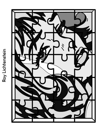 A jigsaw puzzle from Wondermom Shop's Printable Famous Artwork Puzzles (Black and White) collection, showcasing a grayscale illustration of a woman's face with bold, thick lines in a pop art style inspired by renowned artist Roy Lichtenstein.