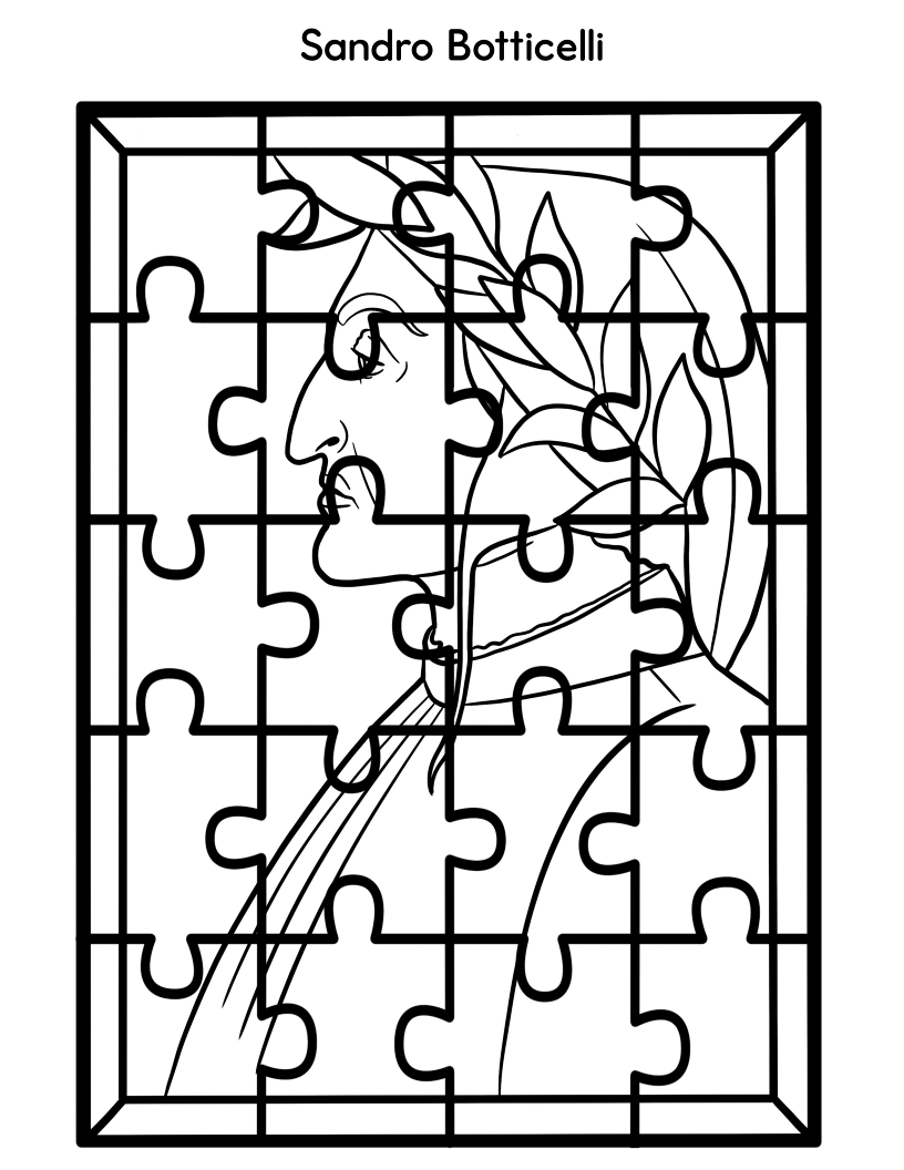 Line illustration of a puzzle depicting a historical figure in profile, titled "Sandro Botticelli." This Printable Famous Artwork Puzzles (Black and White) by Wondermom Shop allows children to color and learn about renowned artists.