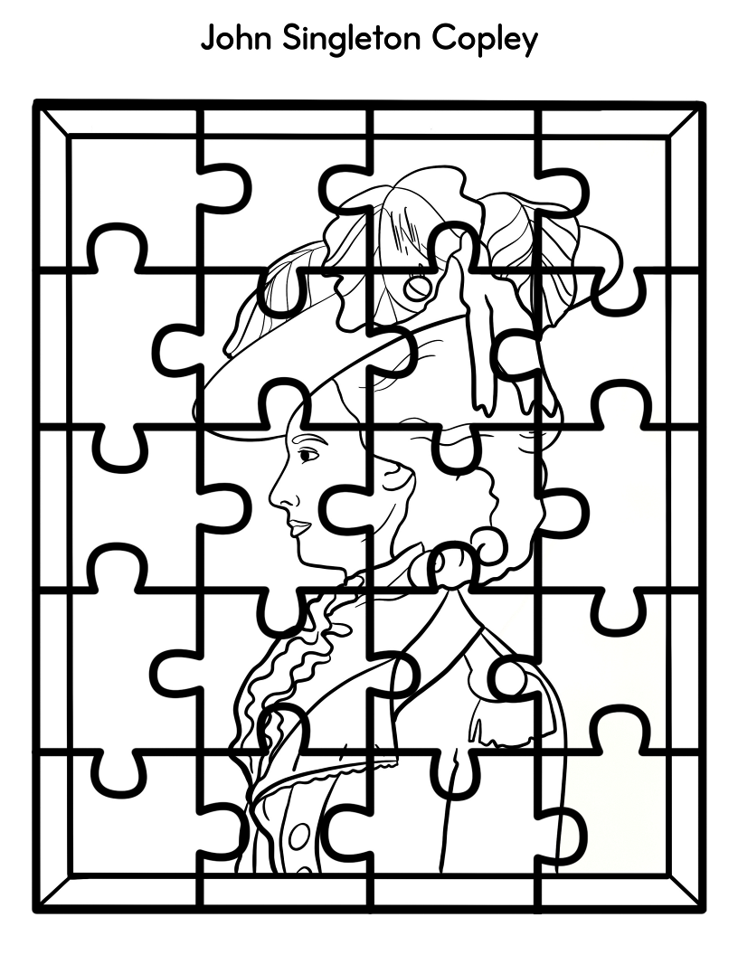 Illustration of John Singleton Copley showcasing a puzzle outline over a drawing of a person in historical attire with a hat, ideal for Printable Famous Artwork Puzzles (Black and White) by Wondermom Shop.