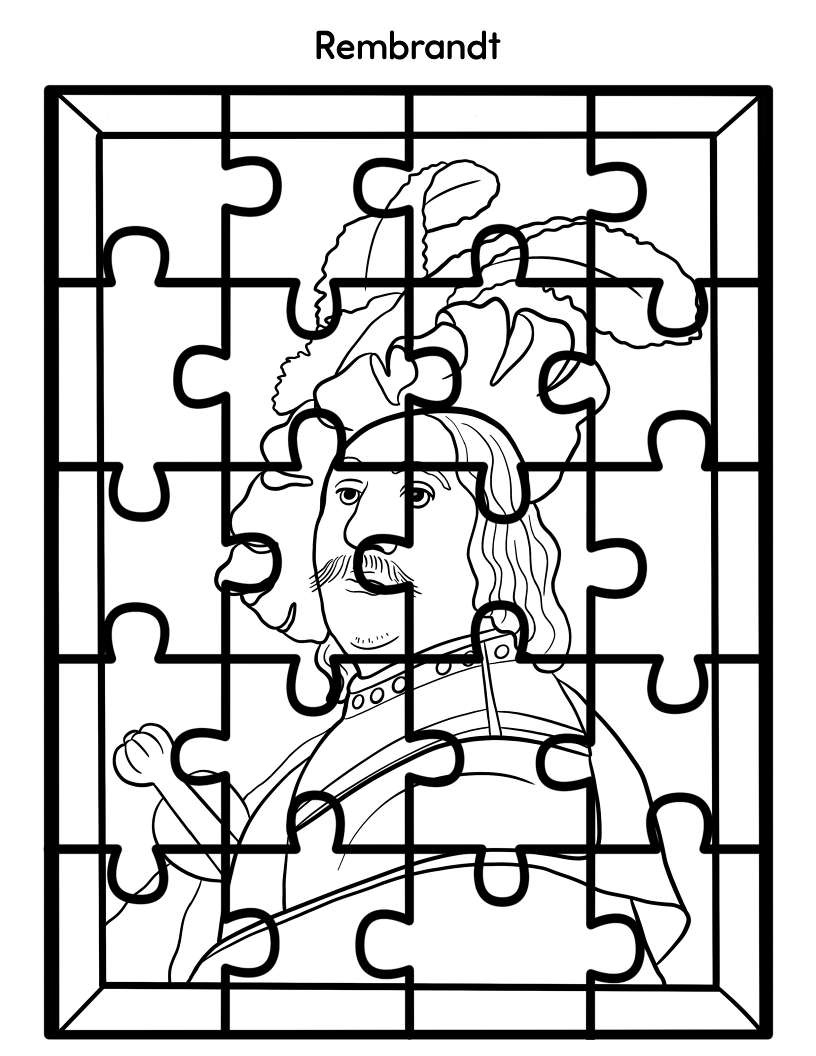 Delight in this printable coloring page from Wondermom Shop's "Printable Famous Artwork Puzzles (Black and White)," featuring a historical figure adorned in a feathered hat and armor, labeled "Rembrandt" at the top. It's perfect for children to color while learning about renowned artists and famous artworks.