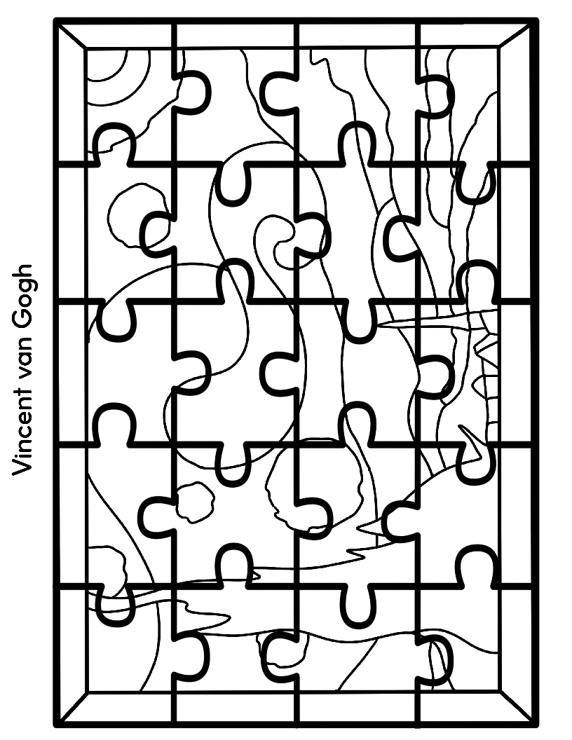 A printable puzzle from the Wondermom Shop, part of the "Printable Famous Artwork Puzzles (Black and White)" series, features sixteen interlocking pieces that depict an abstract, partially completed image outlined in black lines. The border includes text reading "Vincent van Gogh" on the left edge, celebrating one of history's most renowned artists. It's perfect for children to color and enjoy.