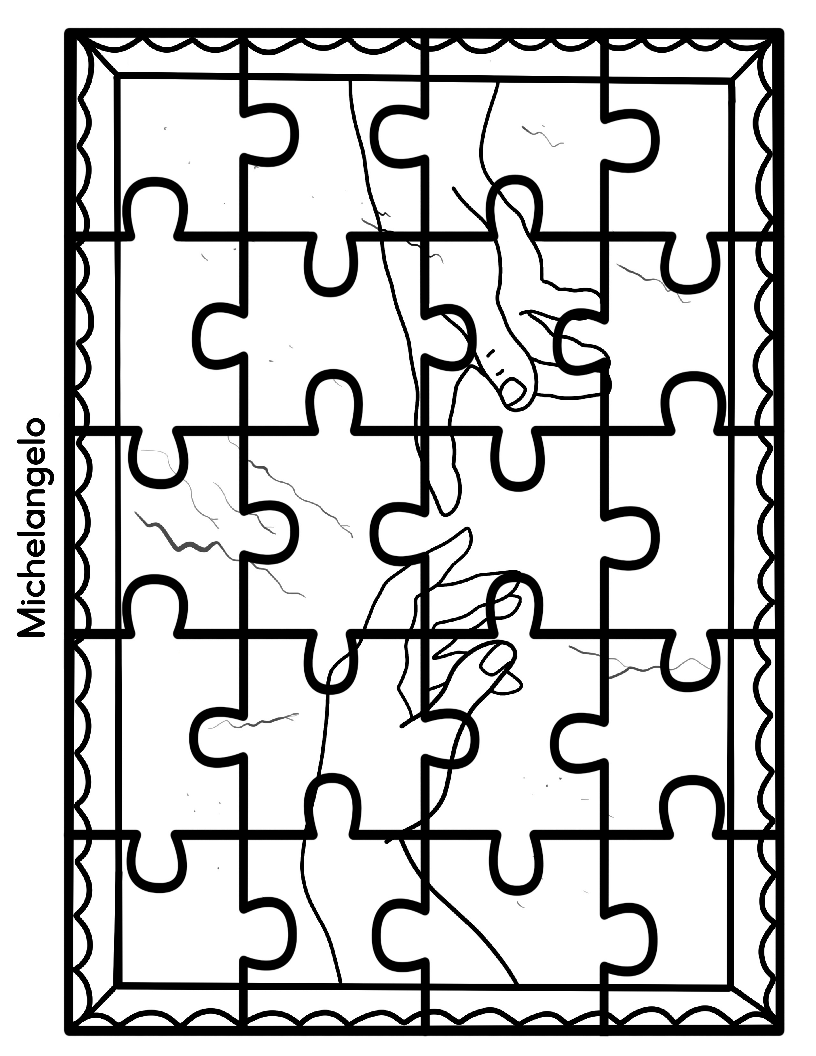 A partially completed jigsaw puzzle forms an outline of two hands reaching toward each other, reminiscent of a section from Michelangelo's "The Creation of Adam." The Printable Famous Artwork Puzzles (Black and White) by Wondermom Shop offer an engaging way for children to explore masterpieces created by renowned artists.