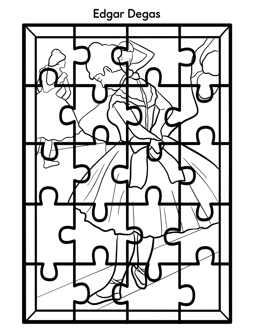 Line art of a puzzle featuring ballerinas inspired by Edgar Degas' artwork. The Printable Famous Artwork Puzzles (Black and White) from Wondermom Shop are partially assembled, showcasing dancers in motion, making them perfect for child color enthusiasts who appreciate renowned artists.