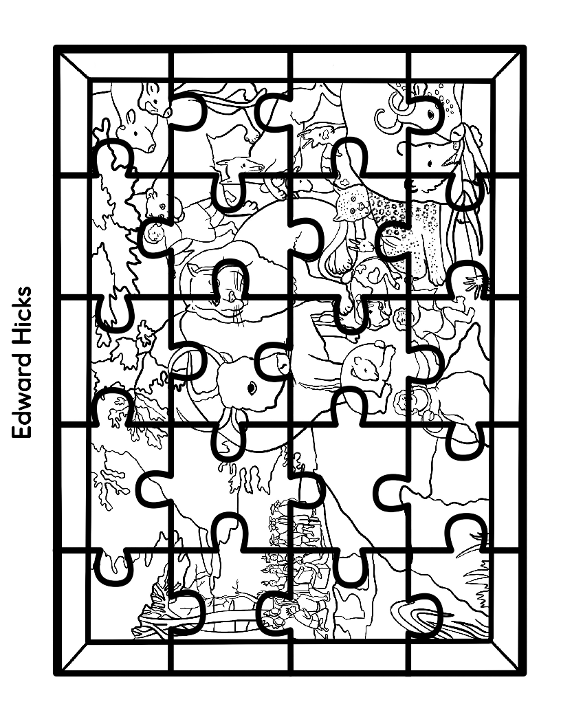 A partially assembled jigsaw puzzle depicting a detailed scene with various animals and people, features the border containing the name "Edward Hicks." This is one of the renowned artists included in our Printable Famous Artwork Puzzles (Black and White) collection by Wondermom Shop.