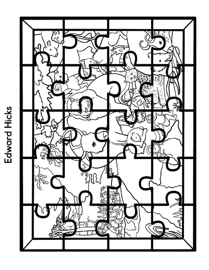 A partially assembled jigsaw puzzle depicting a detailed scene with various animals and people, features the border containing the name "Edward Hicks." This is one of the renowned artists included in our Printable Famous Artwork Puzzles (Black and White) collection by Wondermom Shop.