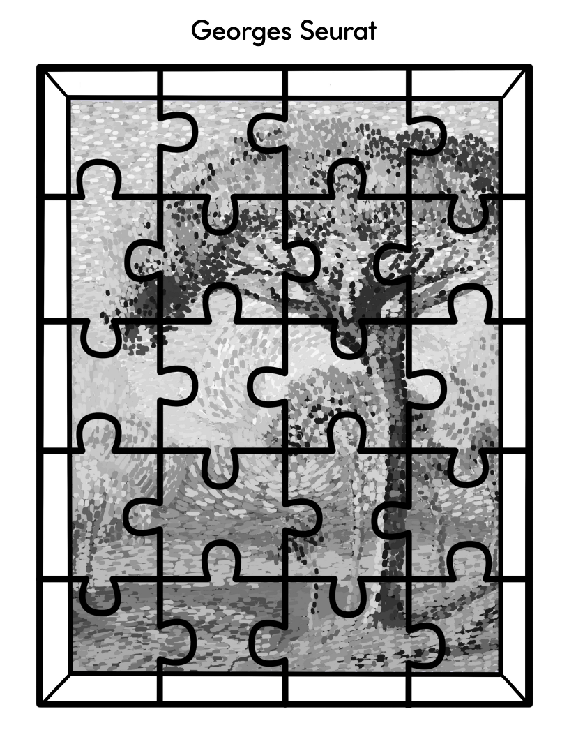 A black-and-white jigsaw puzzle from Wondermom Shop's Printable Famous Artwork Puzzles collection, featuring a piece of art by renowned artist Georges Seurat. The puzzle pieces overlay a pointillist image of a tree, making it perfect for those who enjoy intricate and artistic jigsaw challenges.