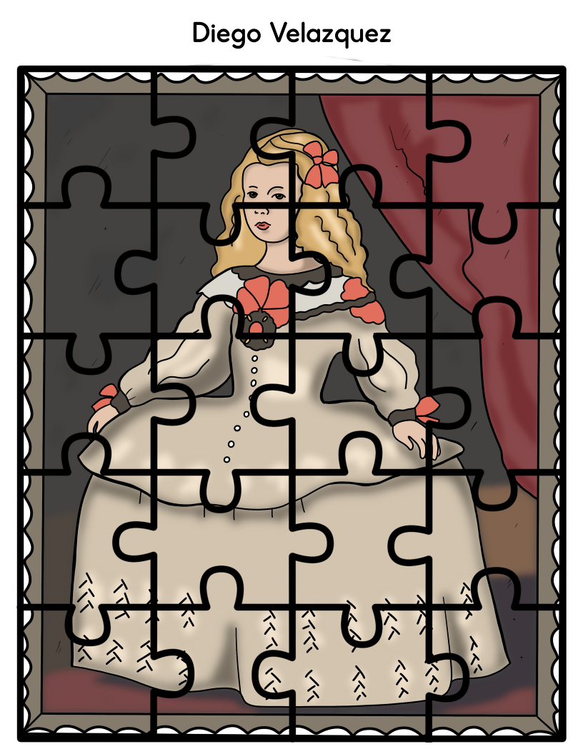 A partially completed jigsaw puzzle from Wondermom Shop's "Printable Famous Artwork Puzzles" collection, showcasing a regal woman in a white dress with red accents standing before a curtain. The name "Diego Velazquez," one of the renowned artists, is prominently displayed above the puzzle. Perfect for fans of famous artwork puzzles.