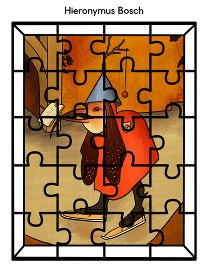 A Bosch artwork featuring a figure in a peculiar hat and red attire, skillfully woven into a partially completed jigsaw puzzle frame. This piece is part of the Wondermom Shop's Printable Famous Artwork Puzzles collection, transforming iconic masterpieces into interactive experiences.