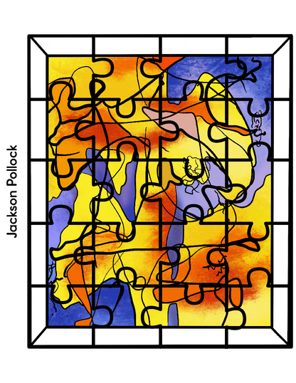 The Printable Famous Artwork Puzzles by Wondermom Shop present a colorful challenge featuring an abstract painting by Jackson Pollock. This masterpiece, with its intersecting lines and vibrant splashes of yellow, orange, and blue, is meticulously recreated in intricate puzzle pieces for art enthusiasts to enjoy.
