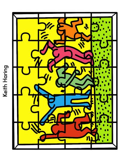 A vibrant Keith Haring puzzle showcasing dancing and jumping human figures against a yellow and green backdrop, made from precision-cut pieces. This puzzle is part of the Printable Famous Artwork Puzzles collection by Wondermom Shop.