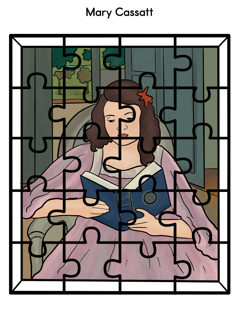 A partially assembled jigsaw puzzle from our Printable Famous Artwork Puzzles collection by Wondermom Shop depicts a woman in a pink dress reading a book, with pieces still missing. Above the image, the name "Mary Cassatt" stands out, showcasing one of the renowned artist's masterpieces.
