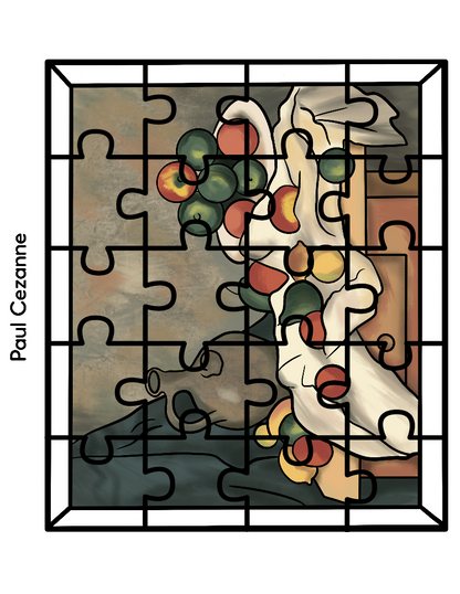 Introducing the "Printable Famous Artwork Puzzles" by Wondermom Shop, featuring a still-life painting with fruit and a white cloth by renowned artist Paul Cezanne, partially assembled against a muted background.