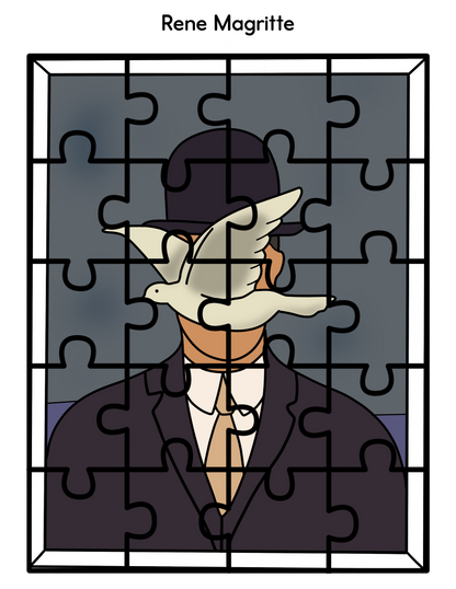 Discover the "Printable Famous Artwork Puzzles" from Wondermom Shop, showcasing an illustration of a man in a suit and bowler hat with a white bird flying in front of his face. The incomplete puzzle pieces beautifully capture the essence of renowned artist Rene Magritte's work.