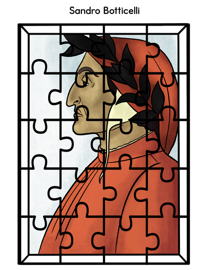 Illustrated portrait of a man with a laurel wreath in a red robe, divided into puzzle pieces, under the name "Sandro Botticelli," from Wondermom Shop's Printable Famous Artwork Puzzles collection.