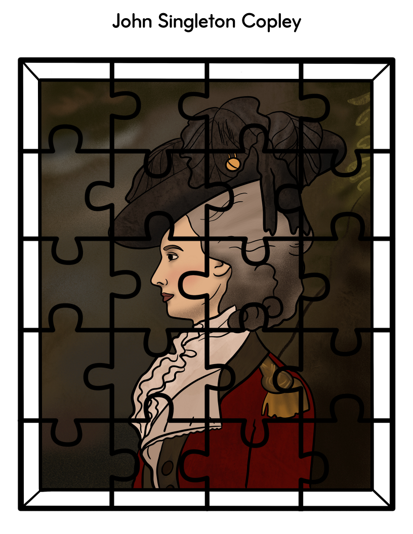 A jigsaw puzzle featuring a portrait of a person in historical attire, wearing a feathered hat, set against a muted background with the text "John Singleton Copley" at the top. This Wondermom Shop Printable Famous Artwork Puzzle allows you to capture and assemble the essence of renowned artists piece by piece.