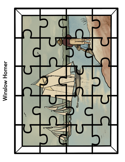 A partially completed jigsaw puzzle from Printable Famous Artwork Puzzles by Wondermom Shop depicts a painting by renowned artist Winslow Homer, featuring a figure standing on a shore overlooking boats on the water. As you assemble the pieces, this beautiful scene comes to life.