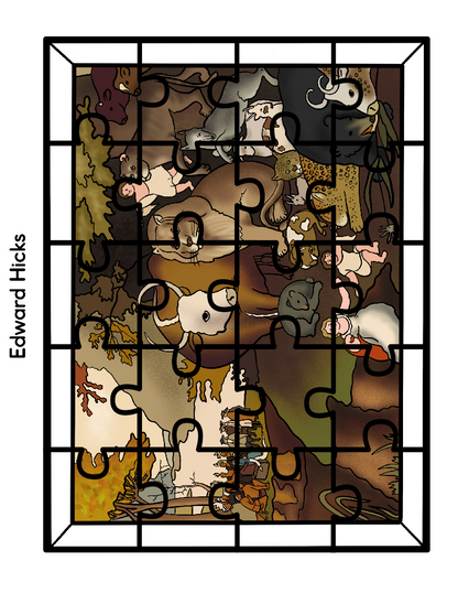 A partially assembled Printable Famous Artwork Puzzle from Wondermom Shop depicts various animals and children, created by renowned artist Edward Hicks. Housed within a rectangular frame, this puzzle offers a delightful challenge for enthusiasts.
