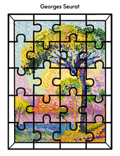 Load image into Gallery viewer, This jigsaw puzzle from the Wondermom Shop&#39;s Printable Famous Artwork Puzzles collection features pieces arranged in the shape of a painting by renowned artist Georges Seurat, depicting a landscape with trees and a river in his characteristic pointillist style.
