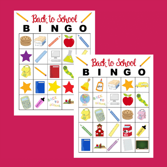 Two VIP Vault Back to School Bingo cards on a pink background.