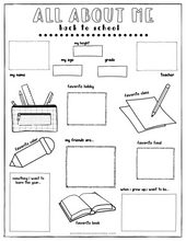 Load image into Gallery viewer, All about me Wondermom Shop Back to School Kit worksheet.
