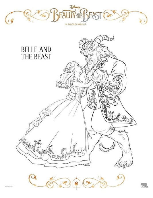 A black and white illustration featuring Belle and the Beast dancing, from Disney's "Beauty and the Beast." Belle wears a flowing dress, and the Beast is dressed in an ornate coat. Ideal for VIP Vault's Beauty and the Beast Coloring Pages, available as a printable activity book or as a digital product.