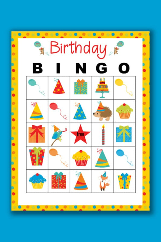 Birthday Bingo by VIP Vault offers printable bingo cards with images of party hats, balloons, gifts, cupcakes, and a cake—ideal for entertaining at children's parties.